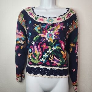 Vintage 80s/90s MY Silk Blend Floral Crochet Sweater